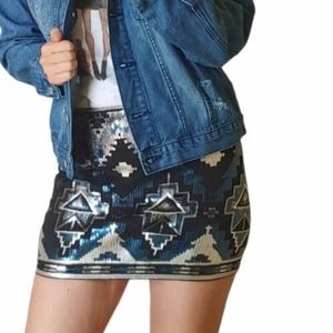 Express Blue Aztec Sequins Mini Skirt